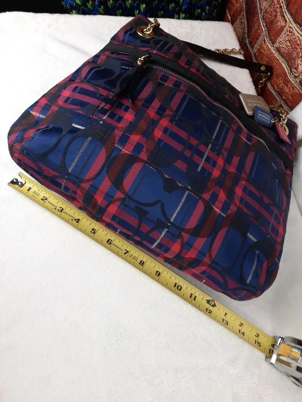 Coach Navy & Red Signature Plaid Denim Tote Bag